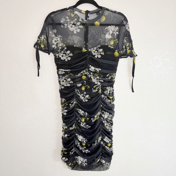 All Saints Dresses & Skirts - ALLSAINTS Giorgia Eugenia Mesh Ruched Mini Dress Sz 6 Black Floral Lemon Whimsy